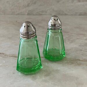 Green Depression Glass Salt and Pepper Shakers.